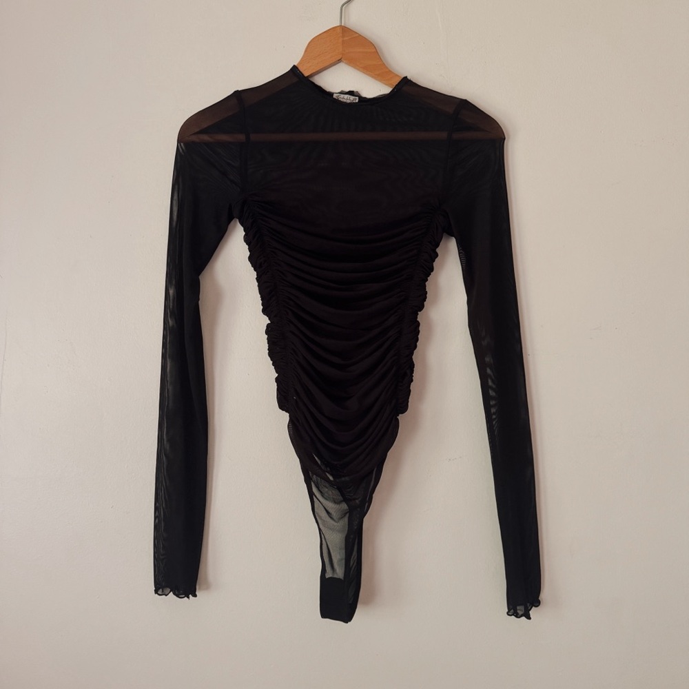 Free People Elegant Black Ruched Long Sleeve Bodysuit - Size Small